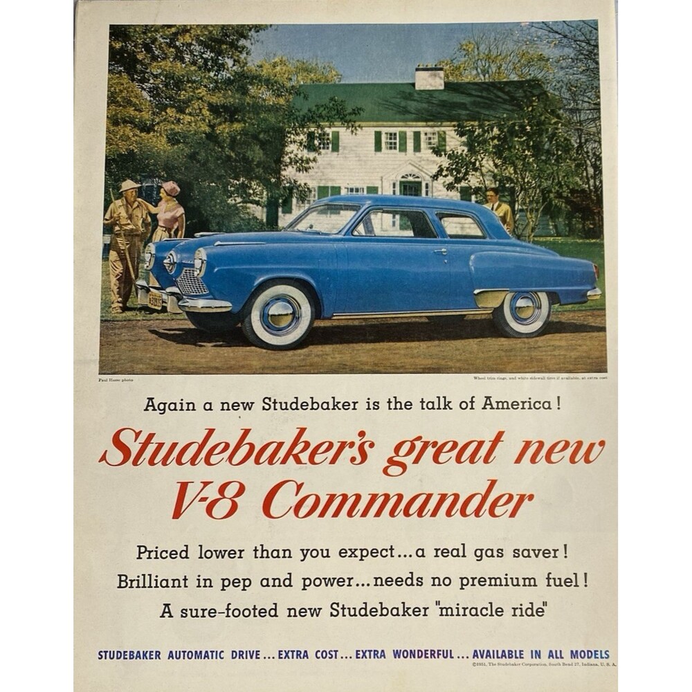 Studebaker's V-8 Commander "A sure-footed Miracle Ride" Vintage Print Ad 1951